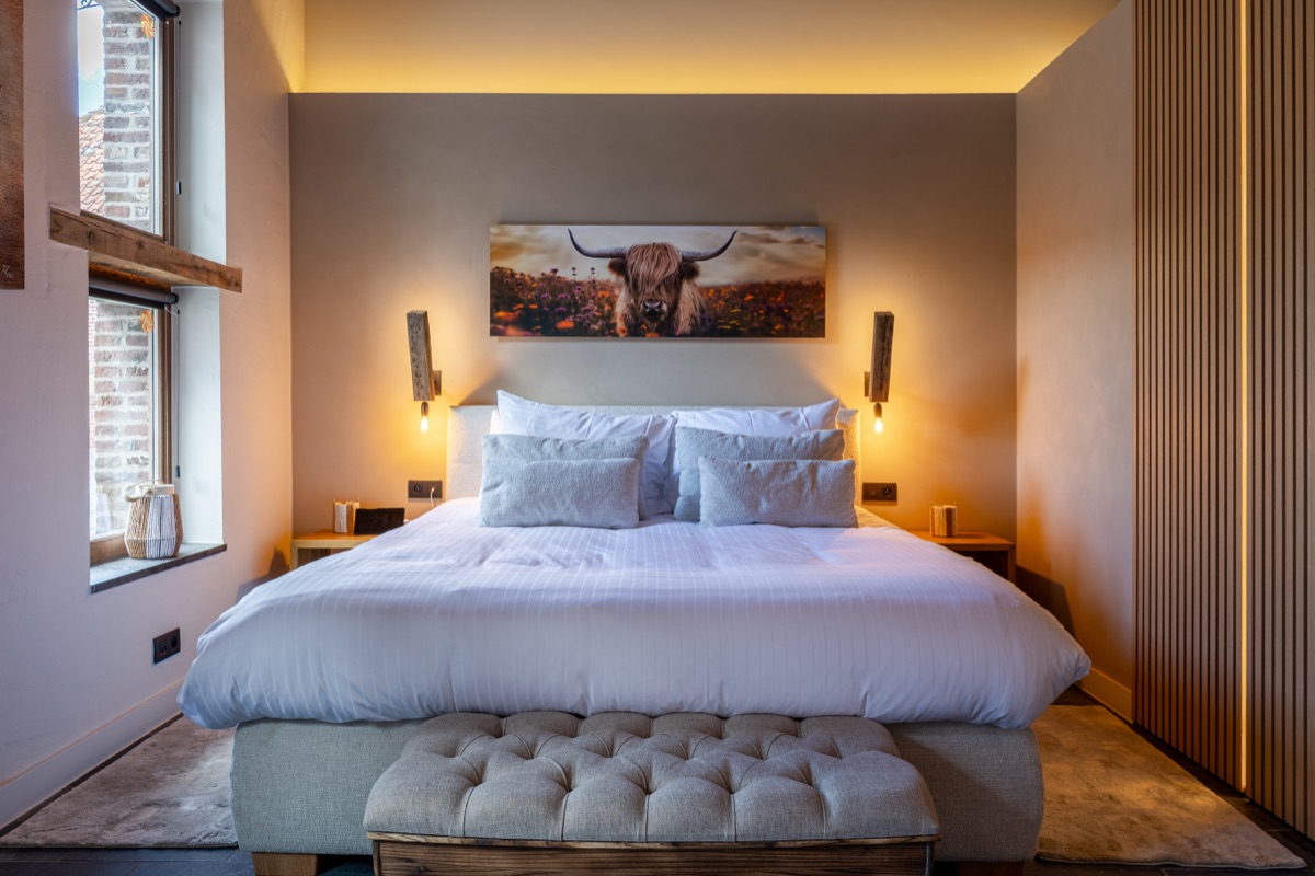 De Villaine bed met highland cow canvas — luxe overnachten Massemen